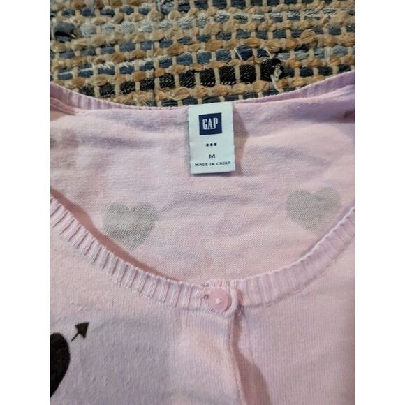 Vtg Powder Pink Button Up Cardigan M Black Hearts Valentine's Crew Neck Y2k - Picture 6 of 9